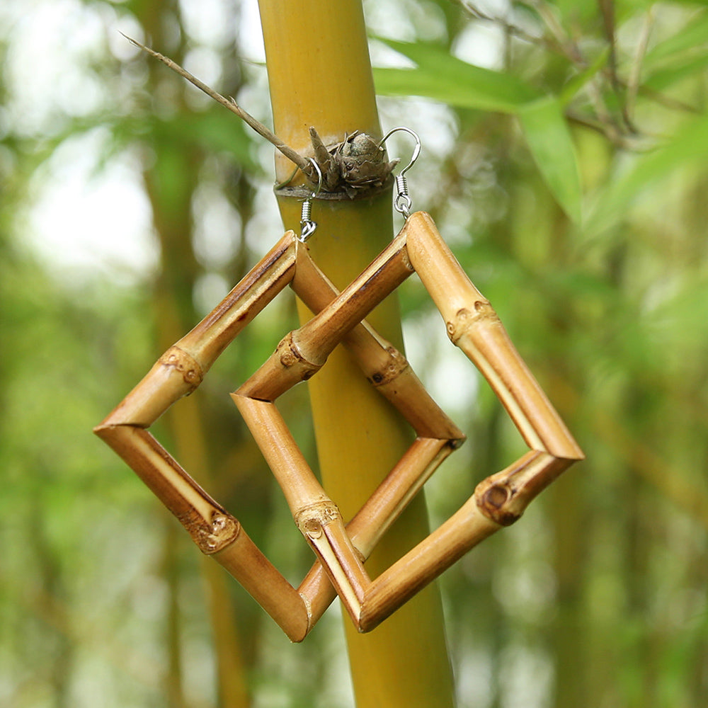 Natural Bamboo Diamond-Shaped Hoop Earrings