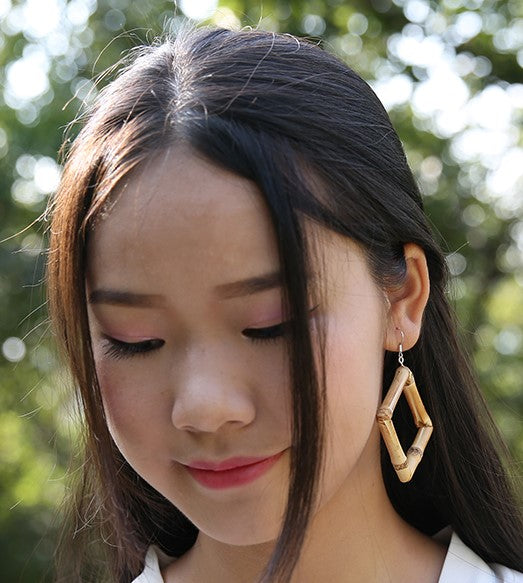 Natural Bamboo Diamond-Shaped Hoop Earrings