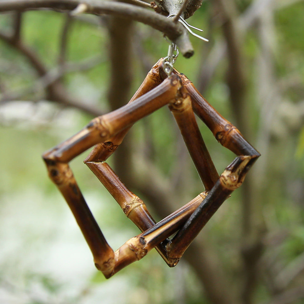 Black Bamboo Diamond-Shaped Hoop Earrings