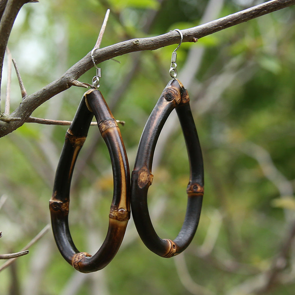 Black Bamboo Teardrop Hoop Earrings